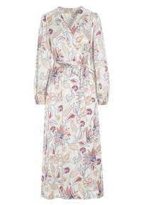Langärmliges Wickelkleid aus leichtem Stoff mit floralem Muster. Es hat rote, blaue und grüne Motive, einen Taillengürtel und einen V-Ausschnitt.