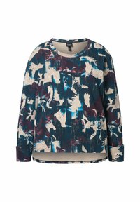 Pullover a maniche lunghe con un motivo astratto multicolore in navy, bordeaux e crema, con scollatura rotonda e spacchi laterali.