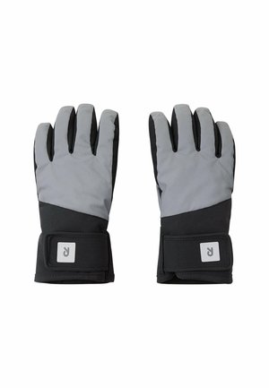 Schwarze und graue Handschuhe mit wasserdichter Oberfläche, gepolstertem Design, verstellbarem Handgelenkband und strukturiertem Handflächenbereich für besseren Grip.