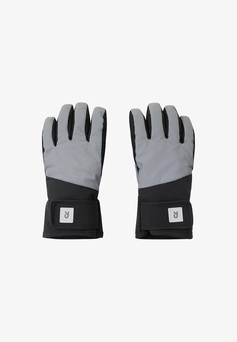 Black and gray gloves with a waterproof exterior, padded design, adjustable wrist strap, and textured palm for improved grip.