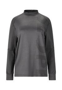 Pitkähiha, korkeakauluksinen paita tummanharmaasta kankaasta, jossa on sileä pinta. Yhdellä sivulla on ristikkäin musta pilkkukuosi.