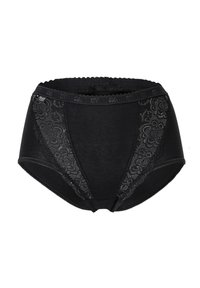 Culotte haute noire en tissu doux, dotée de détails en dentelle délicate sur les côtés et d'une taille festonnée.