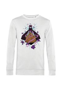 Felpa bianca con un graphic centrale di un blocco marrone circondato da accenti viola e elementi simili a scintille, con maniche lunghe.