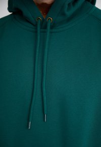 Green fleece hoodie with a drawstring hood. Features metal-tipped drawstrings and a smooth texture, no patterns or additional accents visible.
