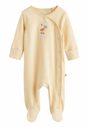 Puuvillane jalatisega kombekas kahvatu kollase värvusega, valgete täppidega, tikitud pardi mustriga, trukkidega kinnitusega ja mansettidega varrukatega.