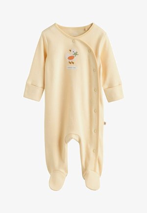 Baumwoll-Schlafanzug mit Fuß in blassgelb mit weißen Punkten, mit einem gestickten Entenmotiv, Druckknopfverschluss und geknöchelten Ärmelbündchen.