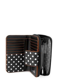 Black wallet with polka dot lining, zip closure, multiple card slots, and an orange accent. Textured material and compact design.