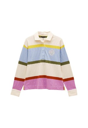 Langarm-Polohemd mit horizontalen Streifen in Creme, Blau, Gelb, Grün, Rot und Pink. Mit Kragen und seitlichen Schlitzen.