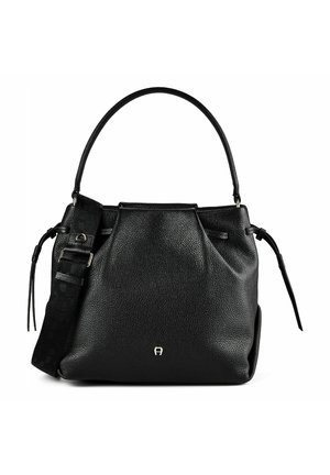 Borsa a mano in pelle nera testurizzata con un’unica maniglia superiore e tracolla regolabile in tessuto con dettaglio fibbia.