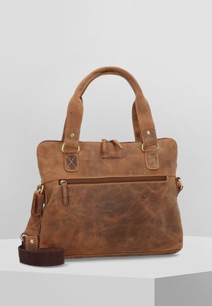 Brown leather handbag with dual handles and adjustable shoulder strap. Features a front zipper pocket and gold hardware accents.