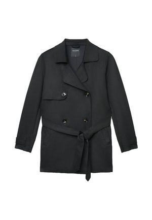 Schwarzer Trenchcoat mit doppelreihigem Design, Knopfverschlüssen, Gürtel in der Taille und Pattentaschen. Glatter, leichter Stoff.