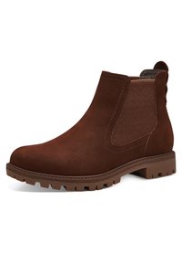 Braune Wildleder-Chelsea-Stiefel mit elastischen seitlichen Einsätzen, einer Zuglasche und einer strukturierten Gummisohle mit einem robusten Profil für verbesserten Halt.