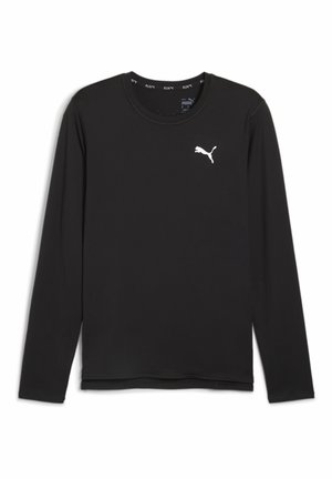 T-shirt sportif noir à manches longues Puma avec logo Puma blanc sur la poitrine et texte "RUN" imprimé à l'intérieur du col.