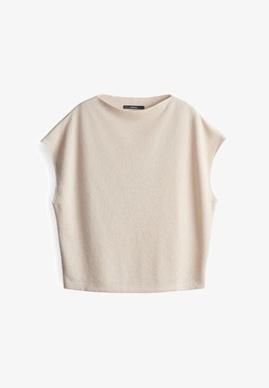 Beige shirt met korte mouwen, een textuurafwerking, een brede hals en een relaxed fit. Gemaakt van zacht materiaal, heeft het een minimalistisch ontwerp en drop shoulders.
