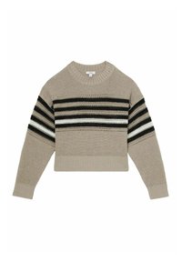 Beżowy krótki sweter z czarno-białymi poziomymi paskami, dzianinow�ą fakturą, prążkowanymi mankietami i dolnym obszyciem, okrągłym dekoltem oraz luźnym krojem.