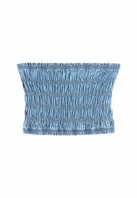 Hele sinine denimpits, millel on smockitud tekstuur koos kogutud osadega, elastne ülaosa ja sirge hem.