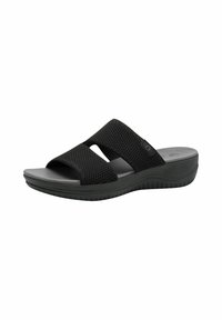 Black slip-on sandals feature two wide mesh straps, a textured footbed, and a contoured rubber sole for comfort and support.
