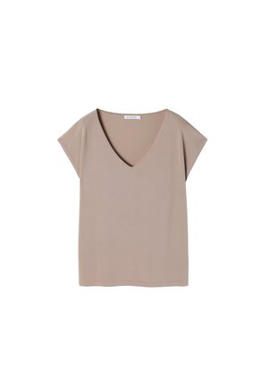 Beige V-Ausschnitt-Oberteil mit kurzen Ärmeln, aus weichem Stoff gefertigt. Merkmale ein einfaches, lockeres Design und einen geraden Saum.