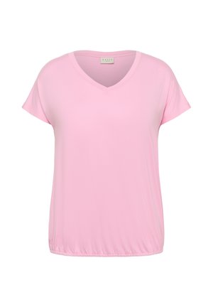 Gaiši rozā īsroku blūze ar V veida izgriezumu un elastīgu apakšmalu, attēlota uz balta fona.