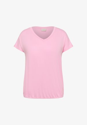 Hellrosa kurzärmelige Bluse mit V-Ausschnitt und elastischem Saum, auf weißem Hintergrund präsentiert.