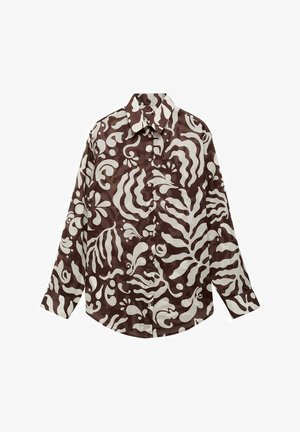 Camicia a maniche lunghe marrone e crema con un colletto, caratterizzata da forme organiche e vortici. Chiusura con bottoni e vestibilità ampia.