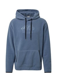 Blauwe fleece hoodie met een kangoeroezak, verstelbare trekkoorden aan de capuchon en een grafische print van bergen aan de voorkant.
