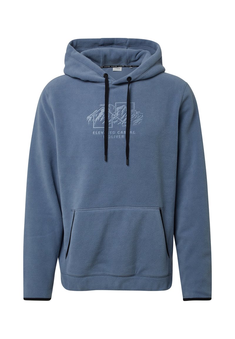 Blauwe fleece hoodie met een kangoeroezak, verstelbare trekkoorden aan de capuchon en een grafische print van bergen aan de voorkant.