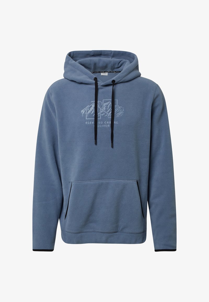 Blauwe fleece hoodie met een kangoeroezak, verstelbare trekkoorden aan de capuchon en een grafische print van bergen aan de voorkant.