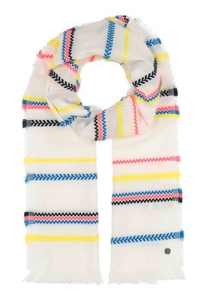 Lightweight white scarf with multicolored zigzag stripes in pink, yellow, blue, and black. Features frayed edges and a small logo tag.