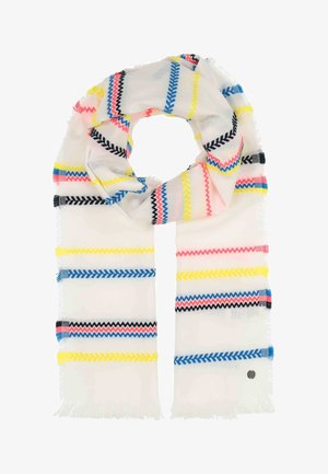 Leichter weißer Schal mit mehrfarbigen Zickzackstreifen in Rosa, Gelb, Blau und Schwarz. Mit fransigen Kanten und einem kleinen Logotag.