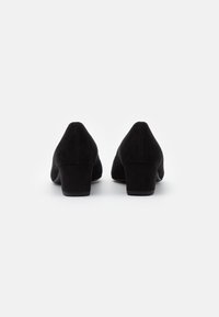 Zapatos de tacón alto de ante negro con punta redondeada y un tacón cuadrado modesto. Textura suave y diseño sencillo, sin patrones visibles.
