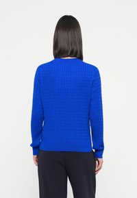 Pull en tricot bleu avec un motif texturé, des poignets et un ourlet côtelés, et un col rond, vu de dos.