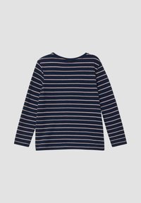 Langsleeve shirt in marineblauw met dunne, lichtroze horizontale Strepen. Zachte stof, ronde halslijn en een relaxte pasvorm.