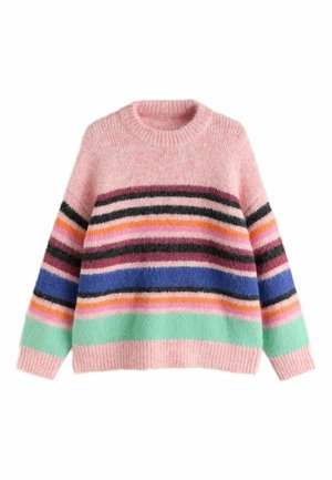 Weicher gestrickter Pullover mit rosa Basis und horizontalen Streifen in Schwarz, Dunkelrot, Orange, Lila, Blau und Grün über den Körper und die Ärmel.