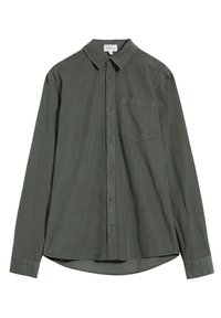 Donkergroen shirt met lange mouwen, gemaakt van zachte stof, met een knoopsoffset kraag, een voorzak en een gebogen zoom.