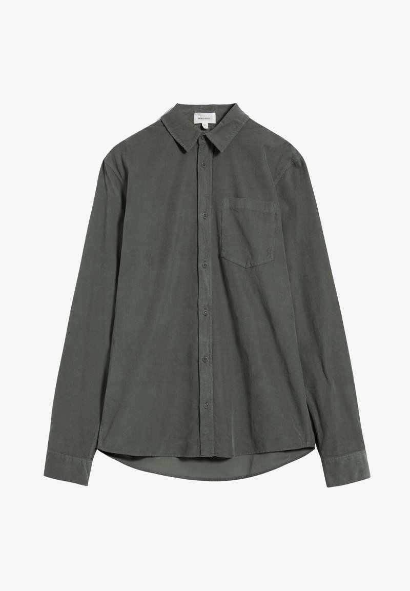 Donkergroen shirt met lange mouwen, gemaakt van zachte stof, met een knoopsoffset kraag, een voorzak en een gebogen zoom.