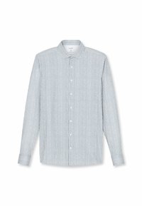 Gestreiftes Langarmhemd in Hellblau und Weiß; verfügt über einen klassischen Kragen und eine Knopföffnung. Hergestellt aus weichem, atmungsaktivem Stoff.