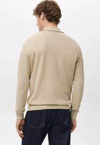 Beige lange mouwen polo met een gestructureerde tricot, geribbelde manchetten en zoom. Het ontwerp heeft een klassieke kraag en een ontspannen pasvorm.