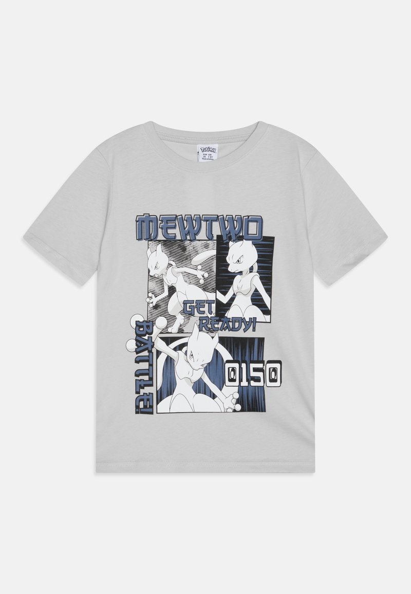 Grå bomull T-skjorte med grafiske trykk av Mewtwo i svart og blått, med teksten "BLIR KLAR!" og "KAMP 0150" integrert i designet.