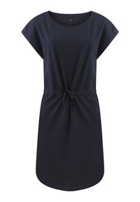 Donkerblauwe katoenen jurk met korte mouwen, ronde halslijn, trekkoord in de taille en een ronde zoom, met een gladde textuur.