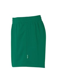 Groene lichtgewicht shorts met een elastische tailleband, een gladde textuur en een klein label nabij de zoom. Geen zakken of versieringen zichtbaar.