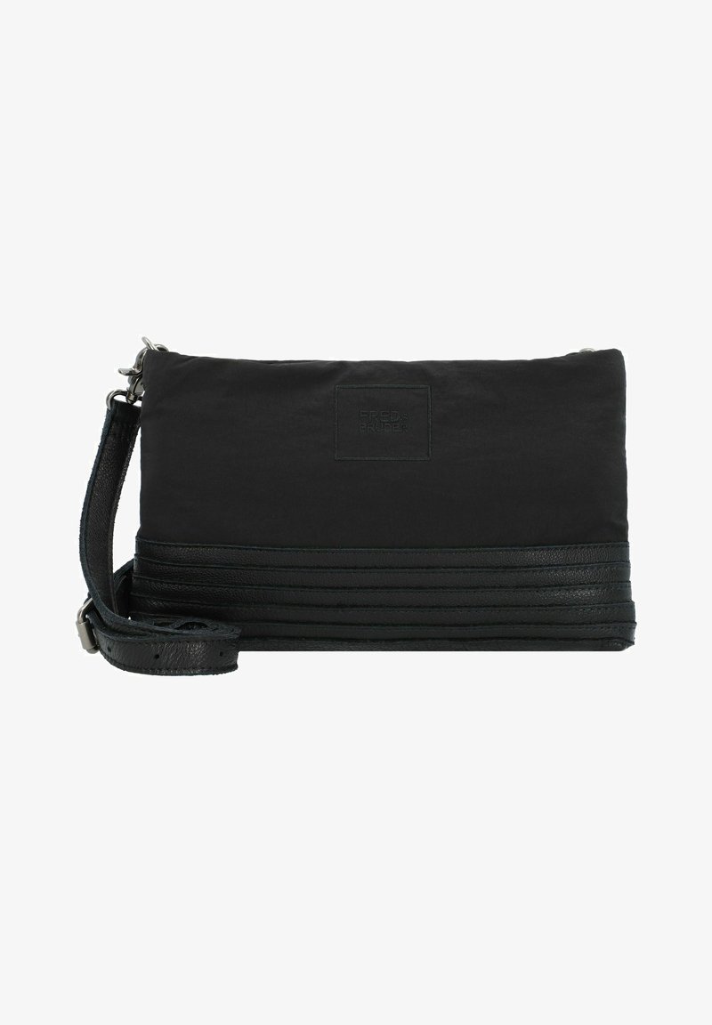 Black fabric clutch bag with leather accents, featuring a textured horizontal stripe design, detachable strap, and embossed logo patch.