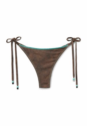 Brown bikini bottom with adjustable ties, featuring turquoise accents along the waistband and decorative stitching. Soft, textured material.