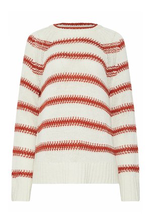 Hvid strikket sweater med vandrette rustfarvede striber samt ribbede manchetter og kant.