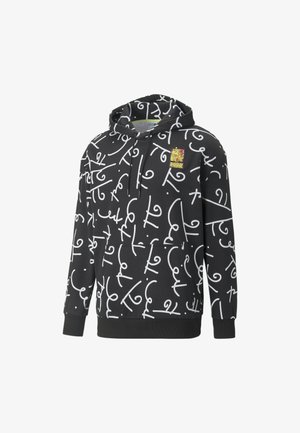 Schwarzer Kapuzenpullover mit weißen abstrakten Mustern, vordere Kängurutasche, Kapuze mit Kordelzug und einem Logo-Patch auf der oberen linken Seite. Weicher Stoff.