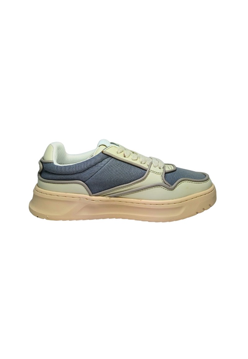 Sneakers featuring a navy blue textile upper, cream leather accents, beige sole, round toe, and a lace-up front with beige laces.