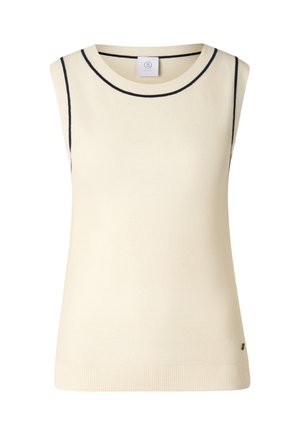 Ærmeløs cremefarvet strikket sweatervest med rund halsudskæring og tynd sort kant langs hals og skuldre.