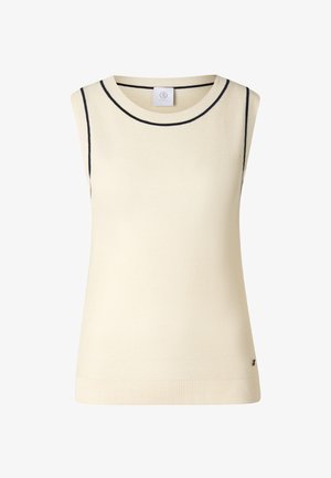 Ærmeløs cremefarvet strikket sweatervest med rund halsudskæring og tynd sort kant langs hals og skuldre.