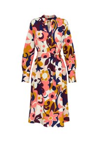 Blumenkleid mit einer Mischung aus Pink, Lila und Senfgelb, langen Ärmeln, einem Bindegürtel und einer lockeren Silhouette. Glatte Stofftextur.