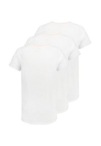 Set of three short-sleeve white t-shirts made from soft cotton, featuring a round neck and a lightly stitched neckline in a contrasting color.